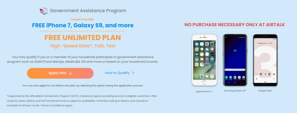 There are many free phone plans for low income from AirTalk