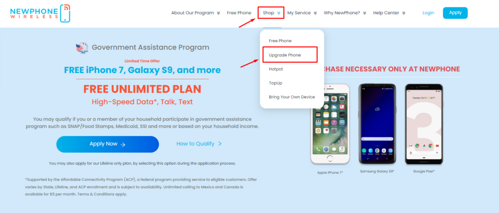 Choose upgrade phone on NewPhone Wireless homepage